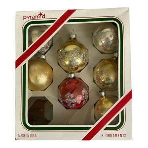VTG Pyramid Glass Balls Christmas Ornament Stenciled Glitter Box Set of 7 USA